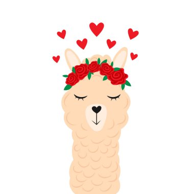 Kafasında çiçek çelengi olan sevimli bir çizgi film lama. Kırmızı güller ve kalpler. Düz vektör çizimi beyaz arkaplanda izole edildi.