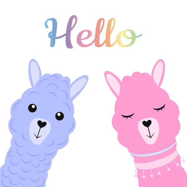 Two Cute Cartoon Llamas Blue Pink Hey Flat Vector Illustration — Stock Vector