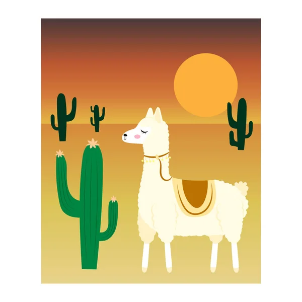 Cute Cartoon Barking Flowers Sunset Desert Big Cacti Vector Illustration — Stock Vector