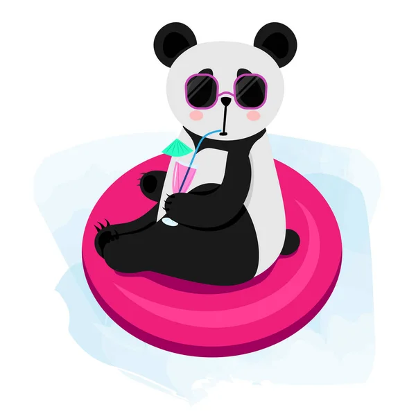 Mignon Panda Dessin Animé Nage Dans Piscine Panda Verres Boit — Image vectorielle