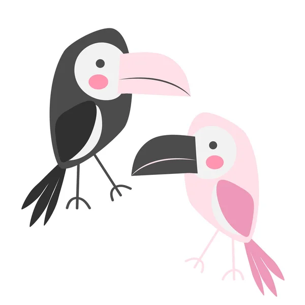 Két Toucant Rózsaszín Fekete Rajzfilmmadarak Gyerekillusztráció Lapos Vektor Illusztráció Elszigetelt — Stock Vector