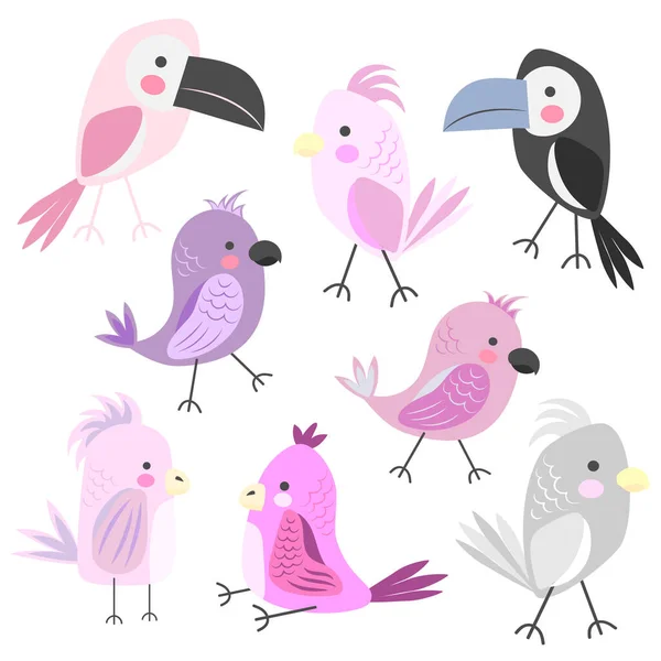 Parrots Toucans Set Colored Cartoon Birds Children Illustration Flat Vector — Stock Vector