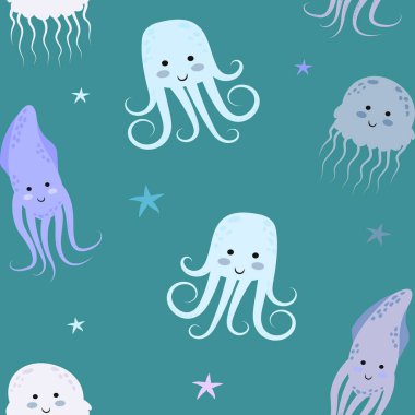 Ahtapot, denizanası, mürekkep balığı. Tatlı çizgi film deniz hayvanları. Kumaşa ve kağıda basmak için kusursuz desen. Düz vektör çizimi mavi arkaplanda izole edildi.