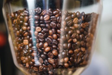 Kavrulmuş kahve çekirdeği, cam kutuda..