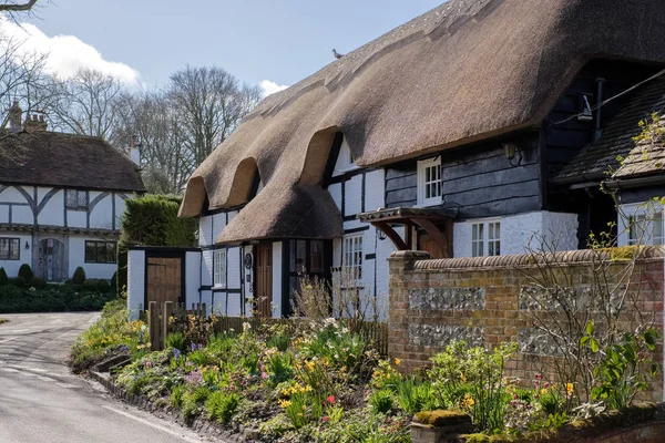 Micheldever, hampshire / uk - märz 21: blick auf ein reetgedecktes cottag — Stockfoto