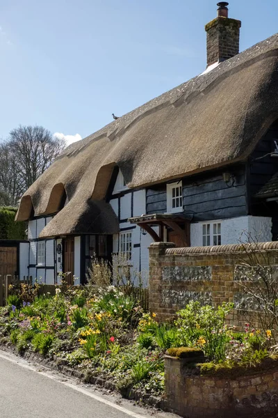 Micheldever, hampshire / uk - märz 21: blick auf ein reetgedecktes cottag — Stockfoto