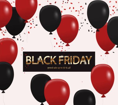 Kara Cuma büyük indirim afişi. Siyah ve kırmızı balonlar ve konfetilerle çevrili koyu arkaplandaki altın harfler. İndirimli alışveriş..