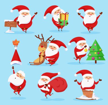 Noel Baba Noel Baba seti, Noel Baba kırmızı burunlu ren geyiğine sarılıyor, hediyeler ve hediyeler alıyor, Noel ağacını süslüyor, sana koşuyor, şapkasıyla bir kuş yakalıyor, bacaya sıkışıyor.