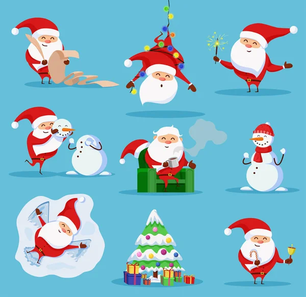 Noel Baba vektör belirledi. Noel Baba koltukta oturur, bir kardan adam yapar, bir kardan melek yapar, bir liste okur, Noel ağacı, Bengal ışığını tutar, bir çelenge sıkışır,.