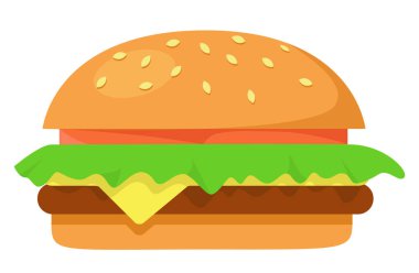  Etli pirzola, salata, dilimlenmiş domates, susamlı ekmek üzerine krem peynir. Erimiş peynirli beyaz üzerine izole edilmiş hamburger. Vektör düz tasarımı