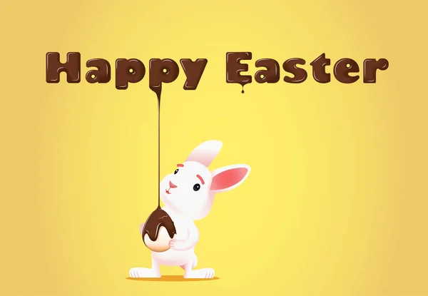 有兔子的快乐的复活节卡片 可爱的白色复活节兔子轻轻地拿着一个鸡蛋 兔子伸出手来 想用嘴摸巧克力字母 融化的巧克力流到鸡蛋上 巧克力滴 — 图库矢量图片