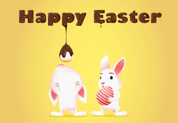 有兔子的快乐的复活节卡片 可爱的白色复活节兔子轻轻地拿着一个鸡蛋 兔子伸出手来 想用嘴摸巧克力字母 融化的巧克力流到鸡蛋上 巧克力滴 — 图库矢量图片