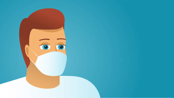 Close-up illustration of a young man with a face mask on his face. Protection against bacteria and viruses. Medical mask for protection against Covid-19. Coronavirus disease prevention.  Copy space.