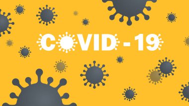  Coronavirus virüsünün uçan bakterisi olan Covid-19 beyaz renkli metin. Turuncu arka planda Covid-19 hastalık pankartı taşıyıcı illüstrasyonu. Salgın konsepti.