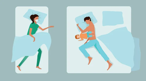 Una familia joven duerme por separado en camas diferentes . — Vector de stock