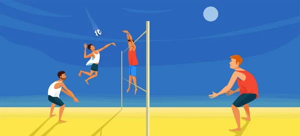 Juego de voleibol playa. Spiker está pateando la pelota contra el bloque . — Vector de stock