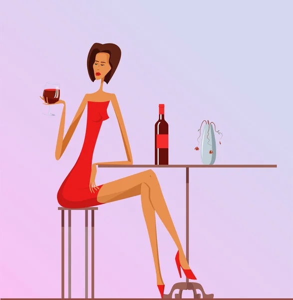 Kırmızı elbiseli yalnız kadın şarap içer.. — Stok Vektör