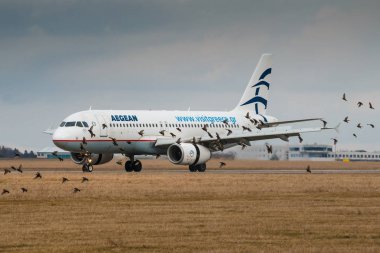 Prag, Çek Cumhuriyeti - March10: Airbus A320 tehlikeli durumda Prg Havaalanı'nda iniş sonra 10 Şubat 2017 üzerinde Prag'da Kuş çarpması nedeniyle. Aegean Havayolları en büyük Yunan havayolu şirketidir.