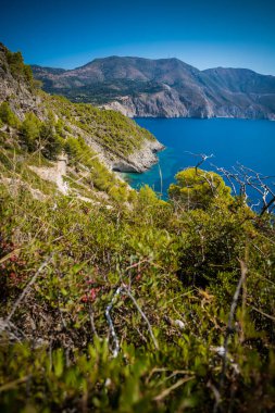 Yunanistan 'ın Kefalonia kentinde açık masmavi sularla kayalık kıyı.