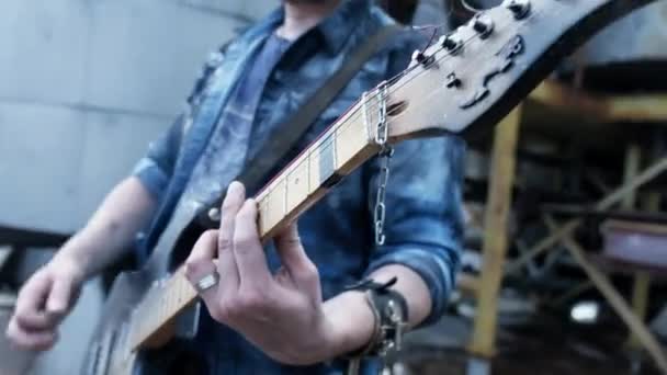 Rock people hand on guitar ship closeup use electric acoustic of chord music 4k. — Video