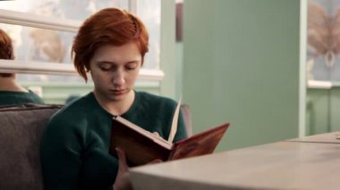 Büyüleyici bir insan kitap okuyor. Kapalı kızıl saçlı. Sayfa 4K 'de kadın eğlencesi