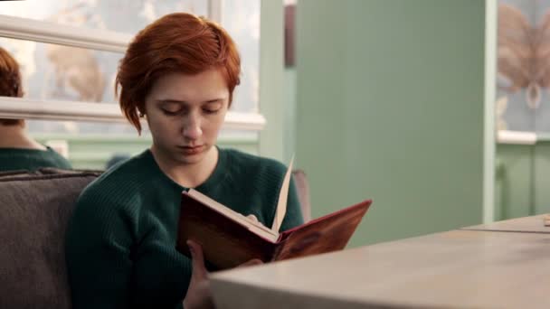 Charmant persoon die boek close-up rood haar leest. Vrouwelijke vrijetijdsbesteding in pagina 's roman 4K — Stockvideo