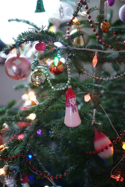 Old Soviet Christmas decorations on New Year tree. — Stock Photo, Image