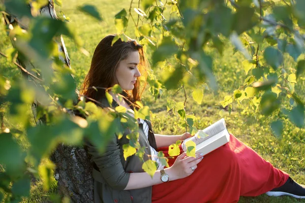 Jonge vrouw zit met een boek onder een boom op een zonnige dag — Stockfoto