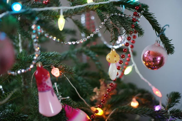 Jouets Colorés Guirlandes Rubans Sur Sapin Vert Dans Fond Pièce — Photo