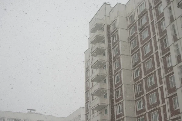 高層ビルを背景にした冬の吹雪 — ストック写真