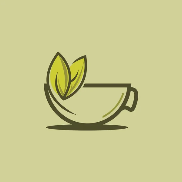 Pflanzliche grüne Teetasse Logo, Kräutergetränk Logo, grünes Blatt mit Becher — Stockvektor