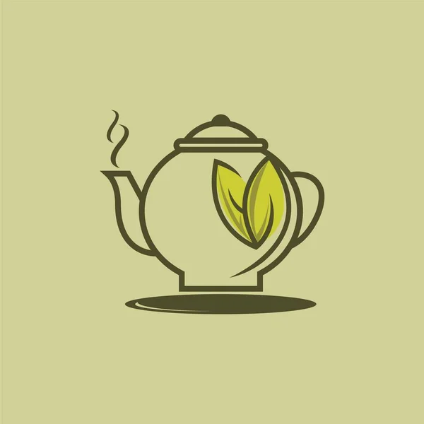 Herbal logotipo copo de chá verde, logotipo da bebida à base de plantas, folha verde com caneca — Vetor de Stock