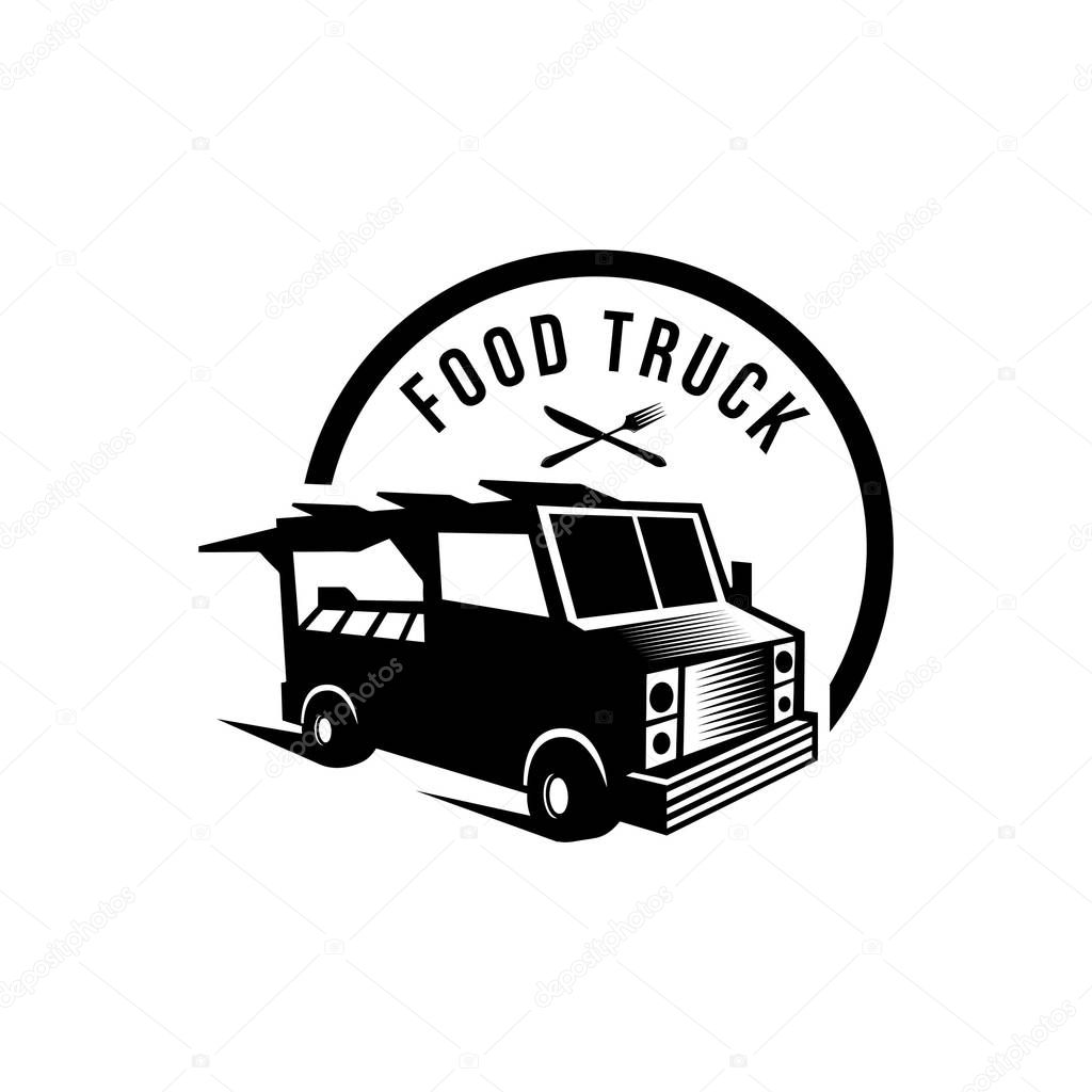 Foodstuffs white background Vintage kitchen print element with fork and knife, text and truck on grunge spot
