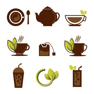 Bitkisel yeşil çay fincanı logosu Set, bitkisel içecek logosu, yeşil yapraklı