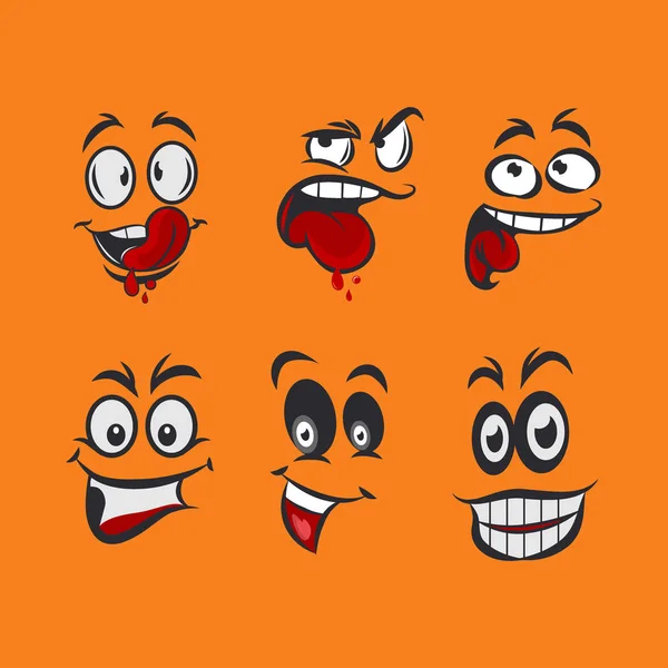 具有不同表情的卡通脸 大多数是快乐和微笑的 具有眼睛和嘴的特征 — 图库矢量图片
