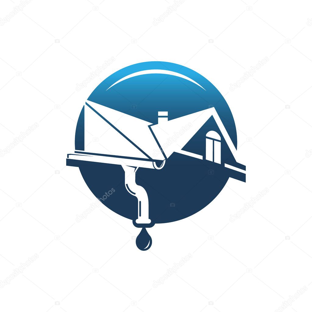 Gutter and house roof logo template. Roof downspout vector design. Gutter services logotype