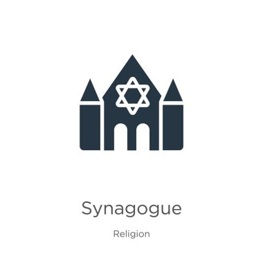 Sinagog ikon vektörü. Din koleksiyonundan modayı takip eden düz sinagog ikonu beyaz arka planda izole edildi. Vektör illüstrasyonu web ve mobil grafik tasarımı, logo, eps10 için kullanılabilir