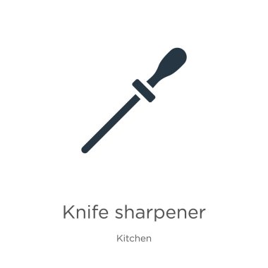 Bıçak keskinleştirici ikon vektörü. Beyaz arka planda, mutfak koleksiyonundan moda düz bıçak bileyicisi ikonu var. Vektör illüstrasyonu web ve mobil grafik tasarımı, logo, eps10 için kullanılabilir