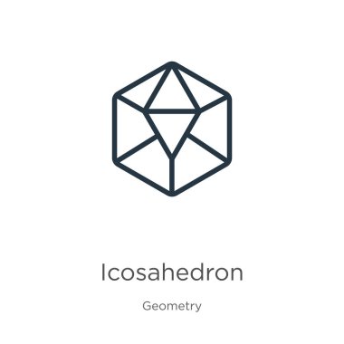 Icosahedron ikon vektörü. Beyaz zemin üzerinde izole edilmiş geometri koleksiyonundan modayı takip eden düz ikonlu simge. Vektör illüstrasyonu web ve mobil grafik tasarımı, logo, eps10 için kullanılabilir
