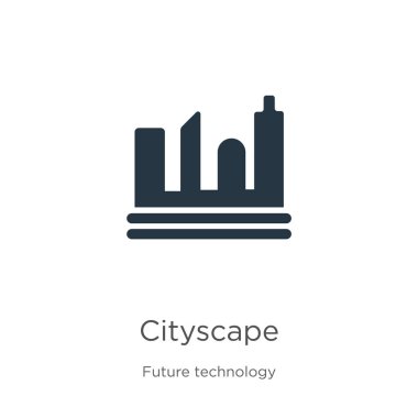 Şehir manzarası ikon vektörü. Beyaz arka planda izole edilmiş gelecekteki teknoloji koleksiyonundan moda düz şehir manzarası ikonu. Vektör illüstrasyonu web ve mobil grafik tasarımı, logo, eps10 için kullanılabilir