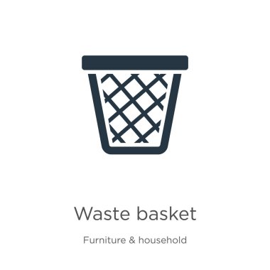Çöp kutusu ikon vektörü. Mobilyalardan ve beyaz arka planda izole edilmiş ev eşyalarından moda düz çöp kutusu ikonu. Vektör illüstrasyonu web ve mobil grafik tasarımı, logo için kullanılabilir,