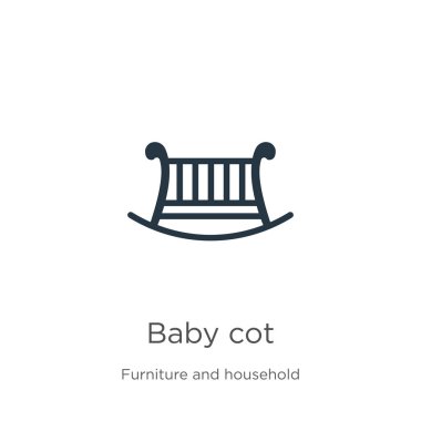 Bebek karyolası ikonu vektörü. Moda mobilyalardan ve beyaz arka planda izole edilmiş ev eşyalarından moda düz bebek beşiği ikonu. Vektör illüstrasyonu web ve mobil grafik tasarımı, logo, eps10 için kullanılabilir