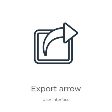 Ok simgesini dışarıya aktar. Kullanıcı arayüzü koleksiyonundan beyaz arkaplanda izole edilmiş ince doğrusal dışarıya ok ana hatları simgesi. Satır vektörü dışa ok işareti, ağ ve mobil için sembol
