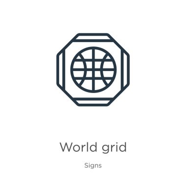Dünya ızgara simgesi. İnce doğrusal dünya ızgara ana hatları simgesi beyaz arkaplandaki tabela koleksiyonundan izole edildi. Çizgi vektör dünya ızgara işareti, ağ ve mobil sembolü