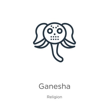 Ganesha ikonu. Din koleksiyonundan beyaz arkaplanda izole edilmiş ince doğrusal ganesha ana hatları simgesi. Çizgi vektör ganesha işareti, ağ ve mobil sembolü