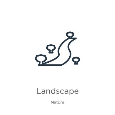 Peyzaj ikonu. Doğa koleksiyonundan beyaz arkaplanda izole edilmiş ince doğrusal peyzaj taslak ikonu. Çizgi vektör peyzaj işareti, ağ ve mobil sembolü
