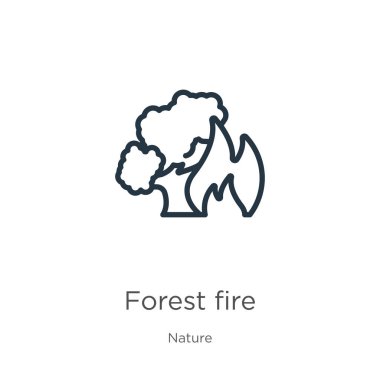 Orman yangını ikonu. İnce doğrusal orman yangını ana hatları beyaz arka planda doğa koleksiyonundan izole edilmiş ikon. Hat vektörü orman yangını işareti, ağ ve mobil sembolü