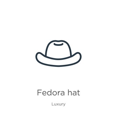 Fedora şapka ikonu. Lüks koleksiyondan beyaz arka planda izole edilmiş ince doğrusal fötr şapka taslak ikonu. Çizgi vektörü fötr şapka işareti, ağ ve mobil sembolü