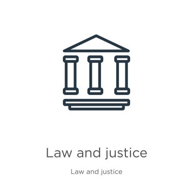 Hukuk ve adalet simgesi. İnce doğrusal hukuk ve adalet taslağı beyaz arka planda hukuk ve adalet tahsilatından izole edilmiş bir ikon. Çizgi vektör yasası ve adalet işareti, ağ ve mobil sembolü