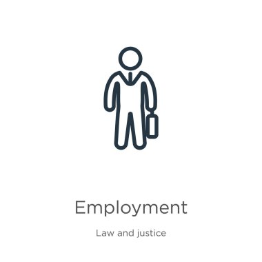 İş ikonu. Hukuktan ve adalet tahsilatından izole edilmiş ince doğrusal iş çizgisi ikonu. Satır vektör istihdam işareti, ağ ve mobil sembolü